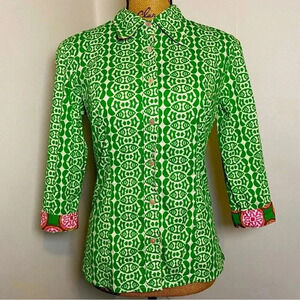 Funky Green Pattern Vintage Tizzie Button Down Long Sleeve Women’s Medium Shirt